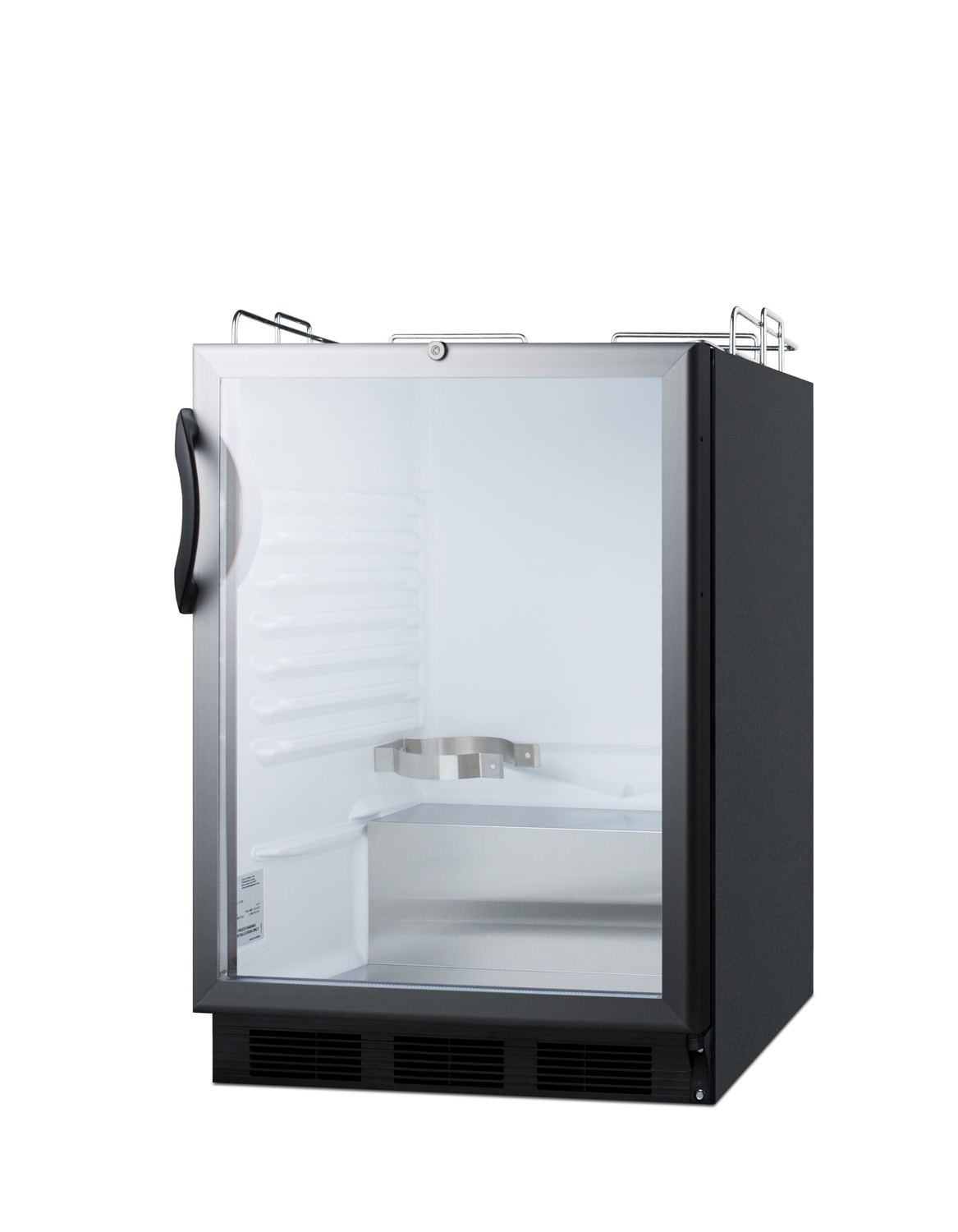 Built-in undercounter ADA height commercially listed beer dispenser with glass door, lock, and black cabinet; no tapping equipment included
